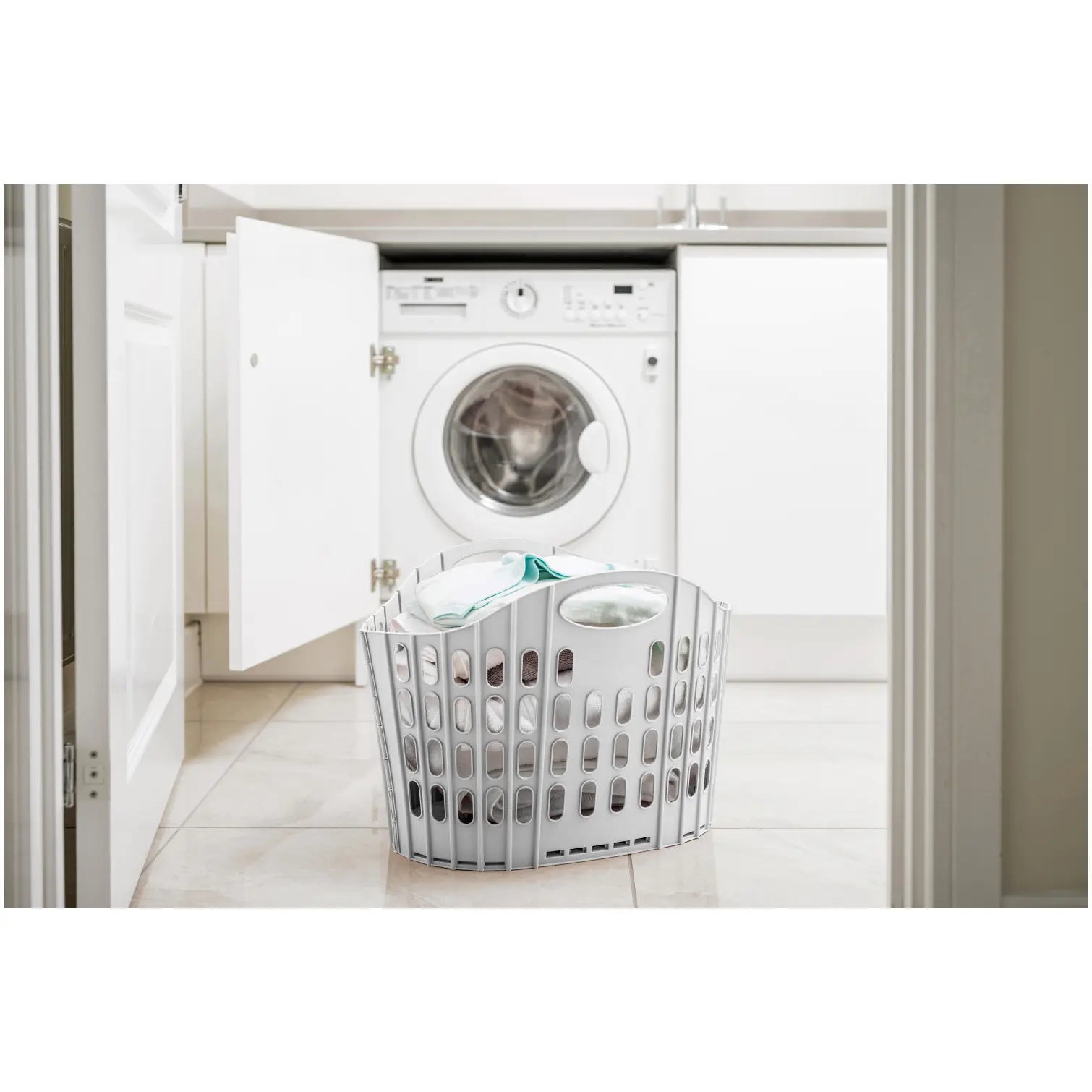 ADD0401_12 Addis Grey Green Fold Flat Laundry Basket 38Ltr