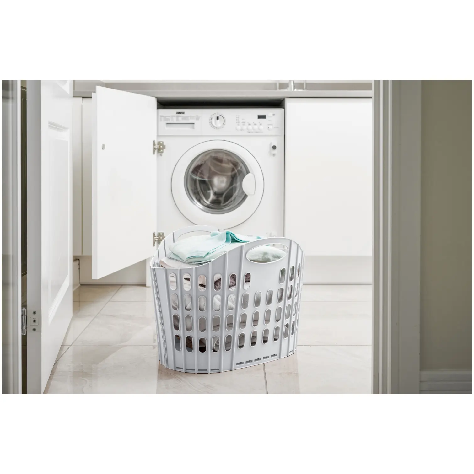 ADD0401_9 Addis Grey Green Fold Flat Laundry Basket 38Ltr
