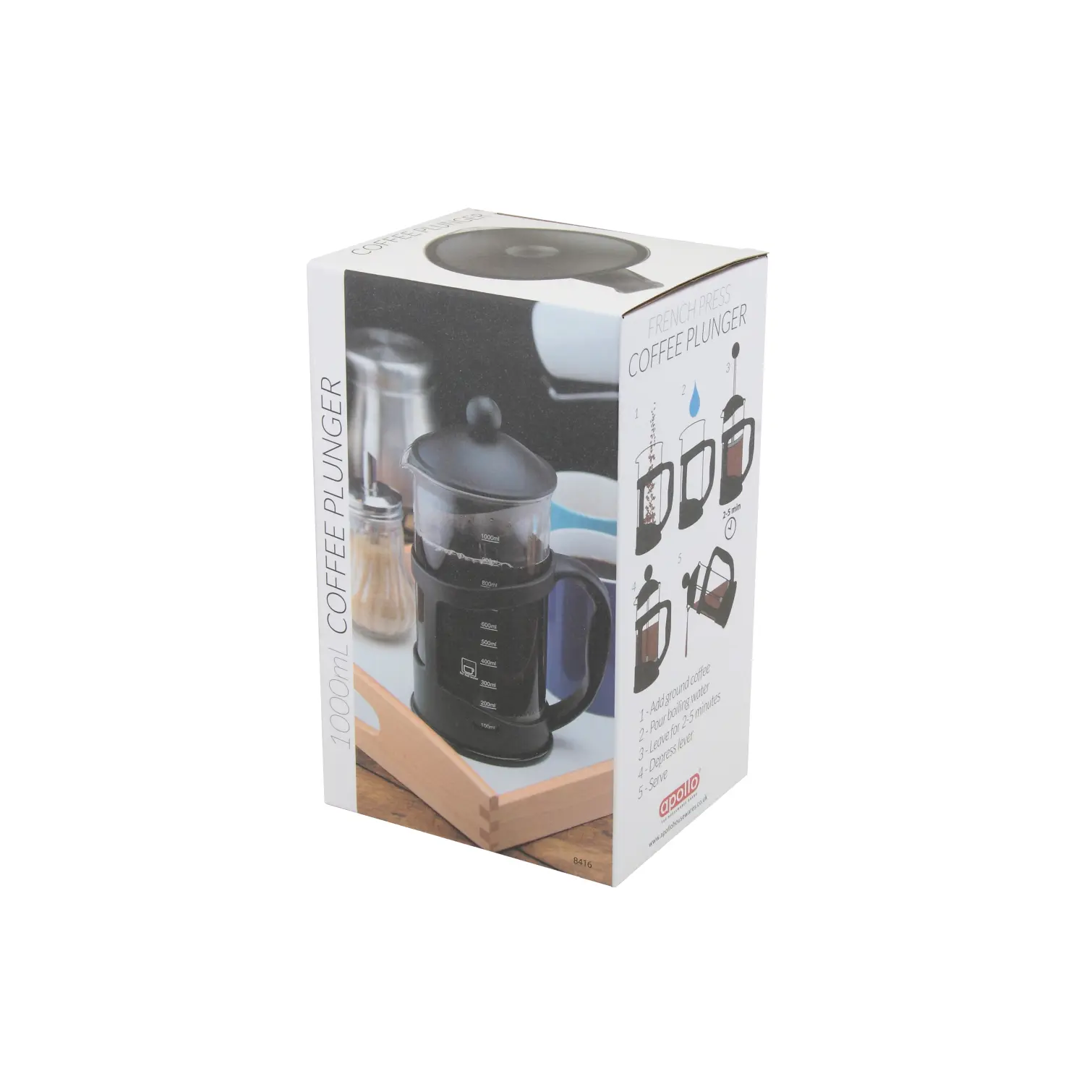 Apollo Black Plastic Cafetiere 1Ltr or 8 Cup