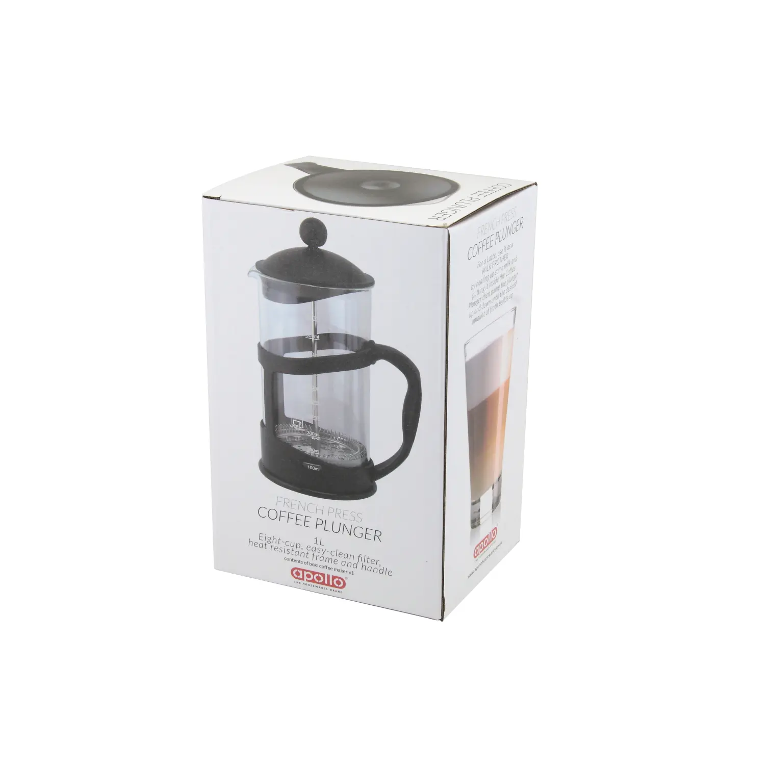 Apollo Black Plastic Cafetiere 1Ltr or 8 Cup