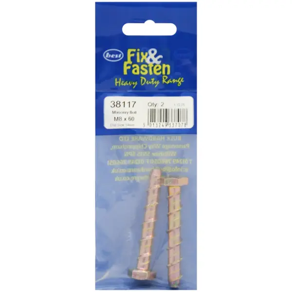 BLK0211 Best Hex Head Self Tapping Masonry Bolts M8x60 pack of 2
