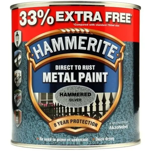 Hammerite Direct to Rust Metal Paint Hammered Silver 1Ltr