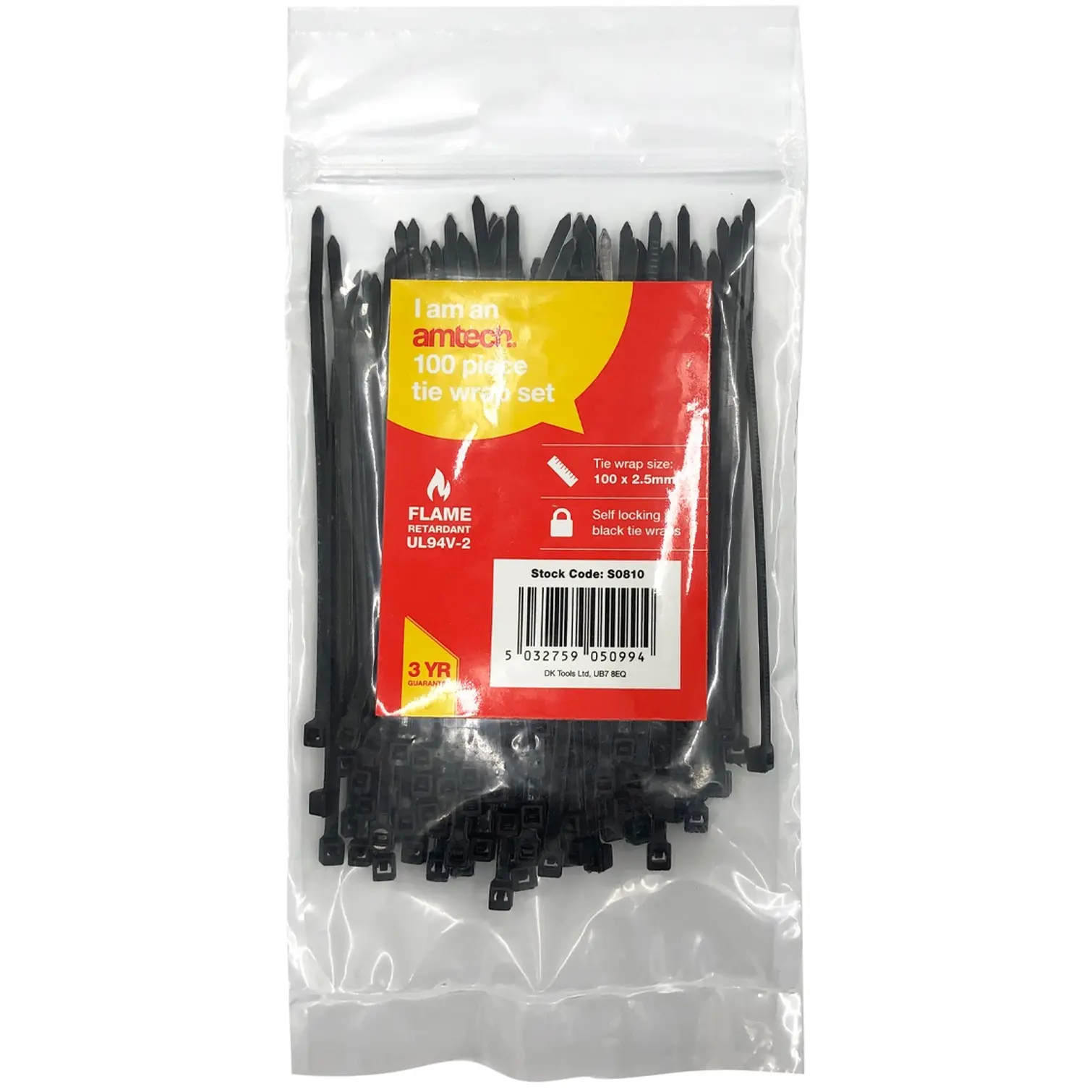 DKT0550_1 Am-Tech 2.5 X100mm Cable Tie Black pk100
