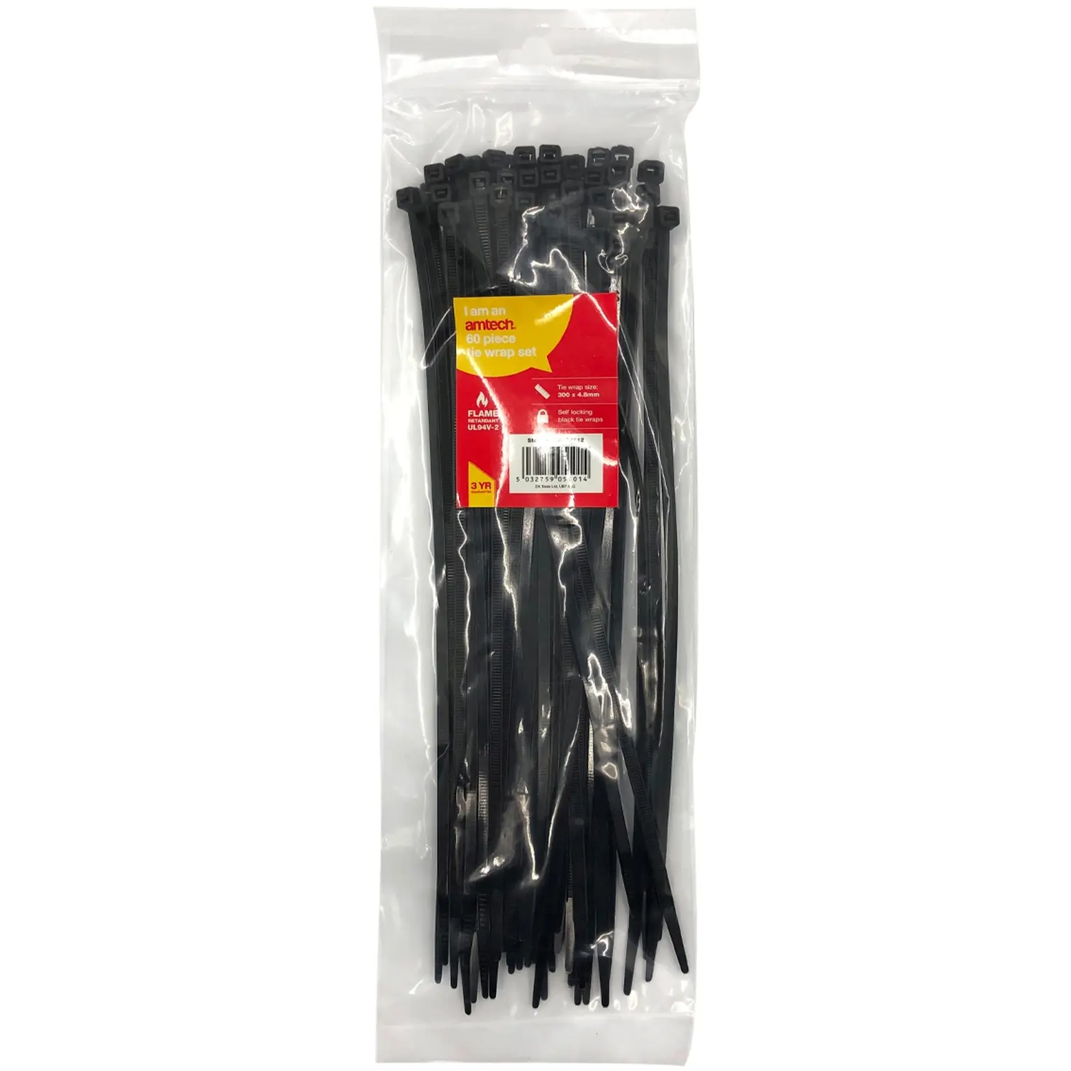 Am-Tech 300x4.8mm Cable Ties Black pk60