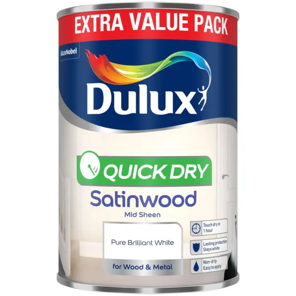 DUL0058 Dulux Quick Dry Satinwood Pure Brilliant White 1.25L