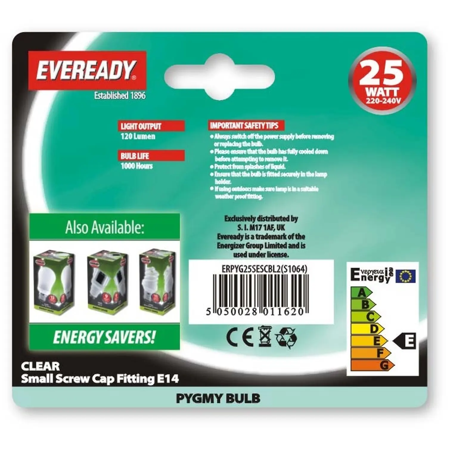 Eveready Pygmy 25w CLEAR SES Card Of 2