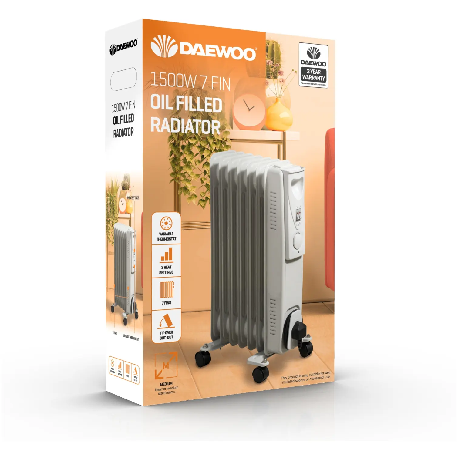 Daewoo 1500W Oil Filled Heater 3 Heat Settings
