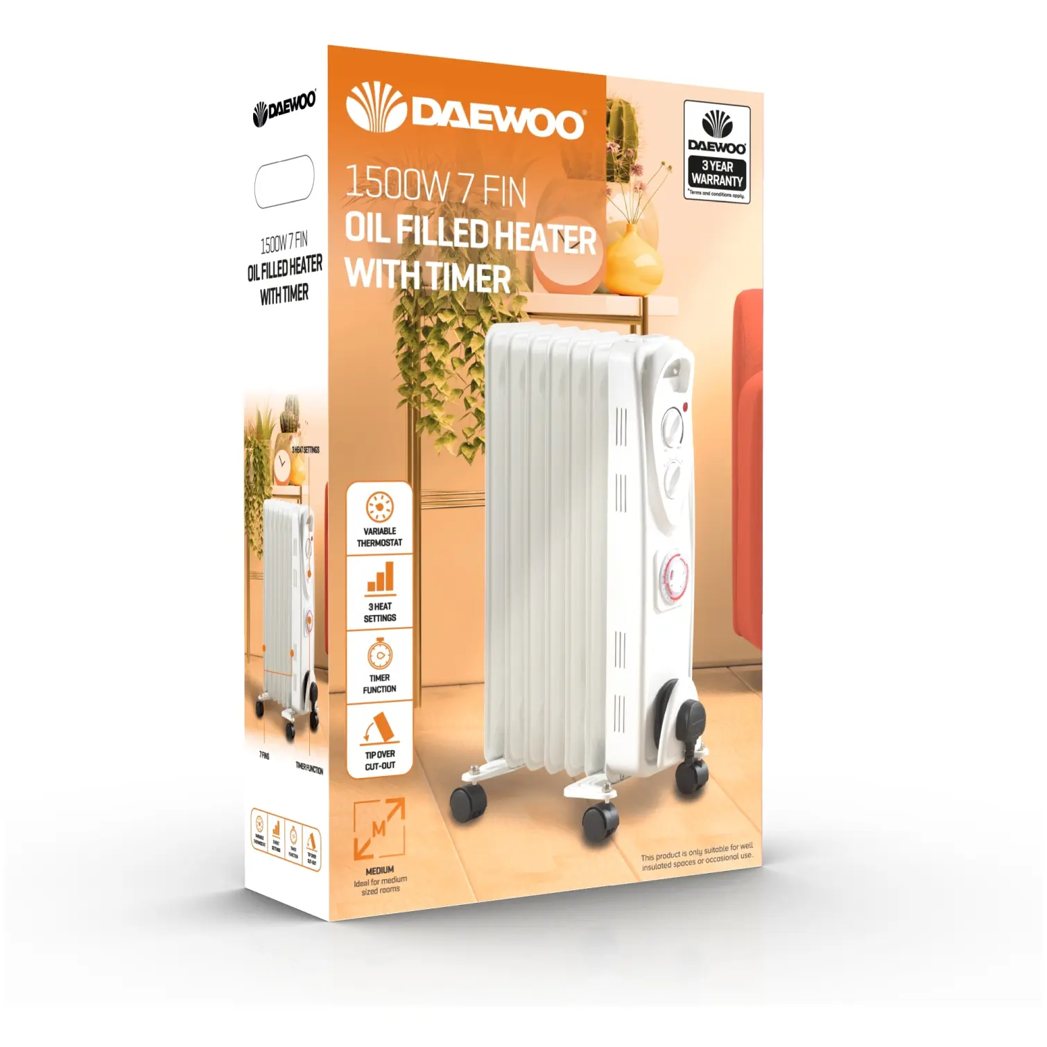 Daewoo 1.5KW Oil Filled Heater With Timer and 3 Heat Settings