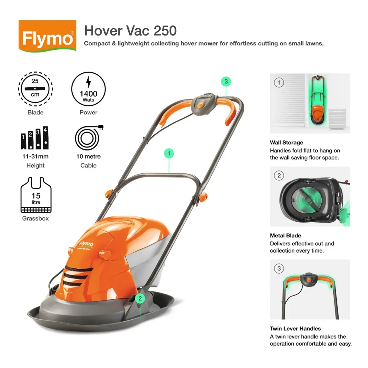 FLY0103_1 Flymo Hover Vac 250 Lawn Mower 25cm Cut