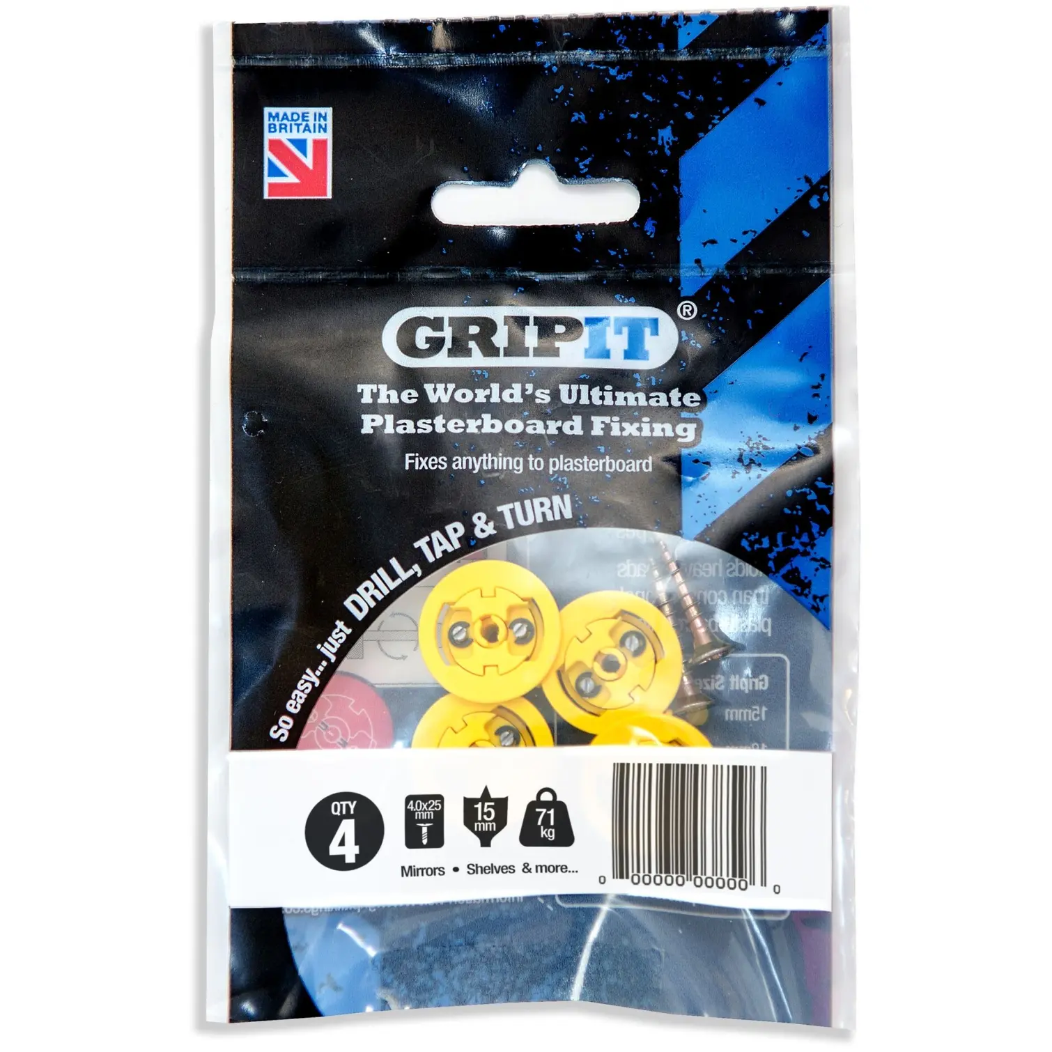 Gripit Plasterboard Fixing 15mm Max 71kg Pack of 4