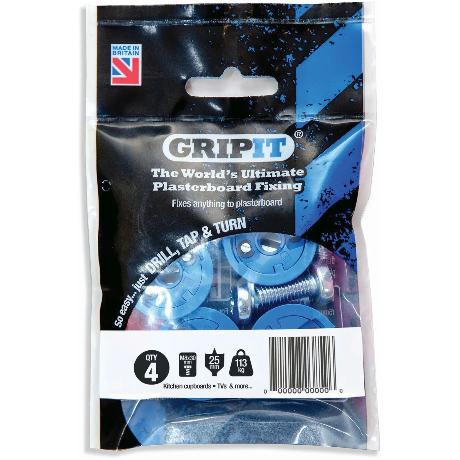 GPT0008 Gripit Plasterboard Fixing 25mm Max 113kg Pack of 4
