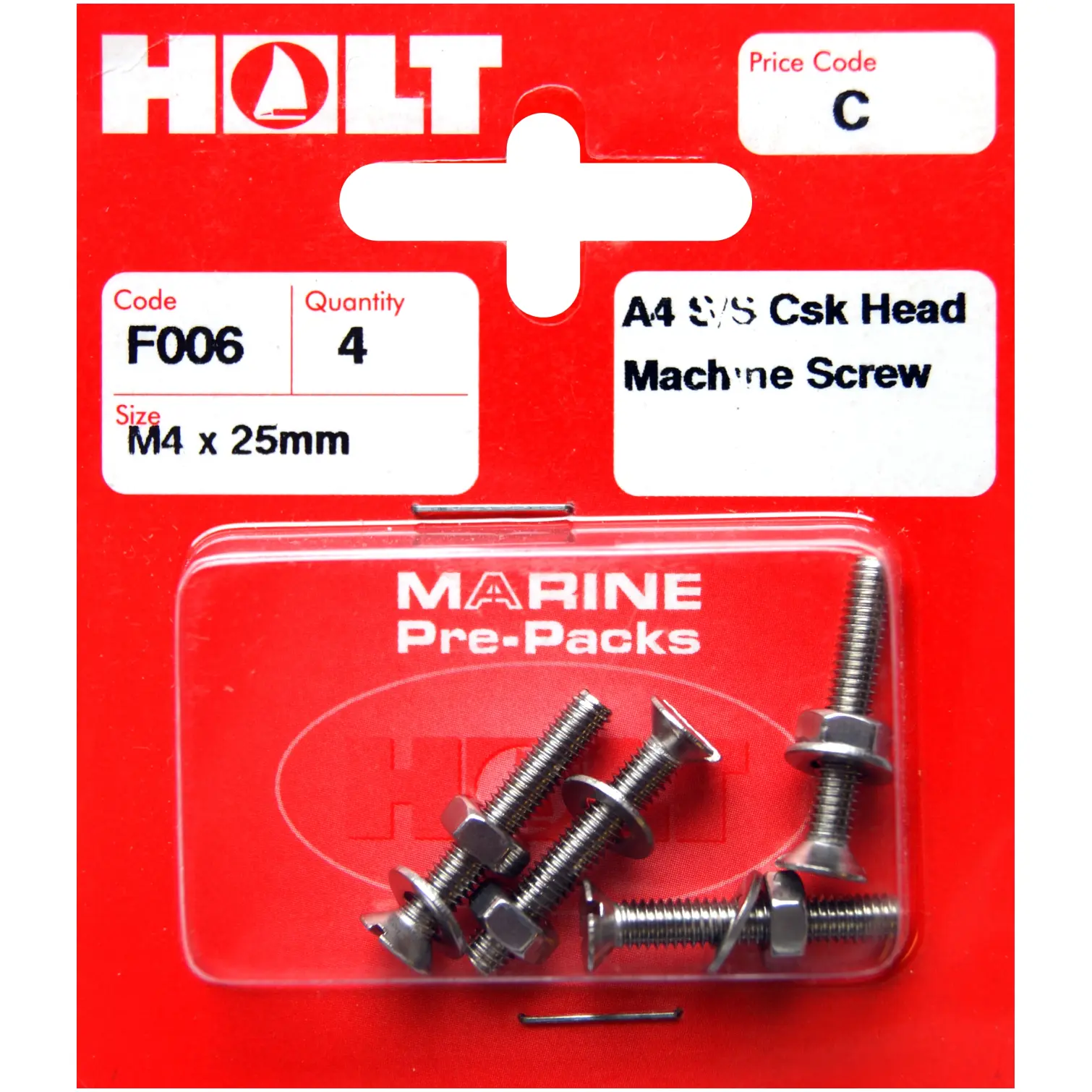 HOL0066 Holt S/Steel CSK Head M/Screw M4 x 25mm Card of 4