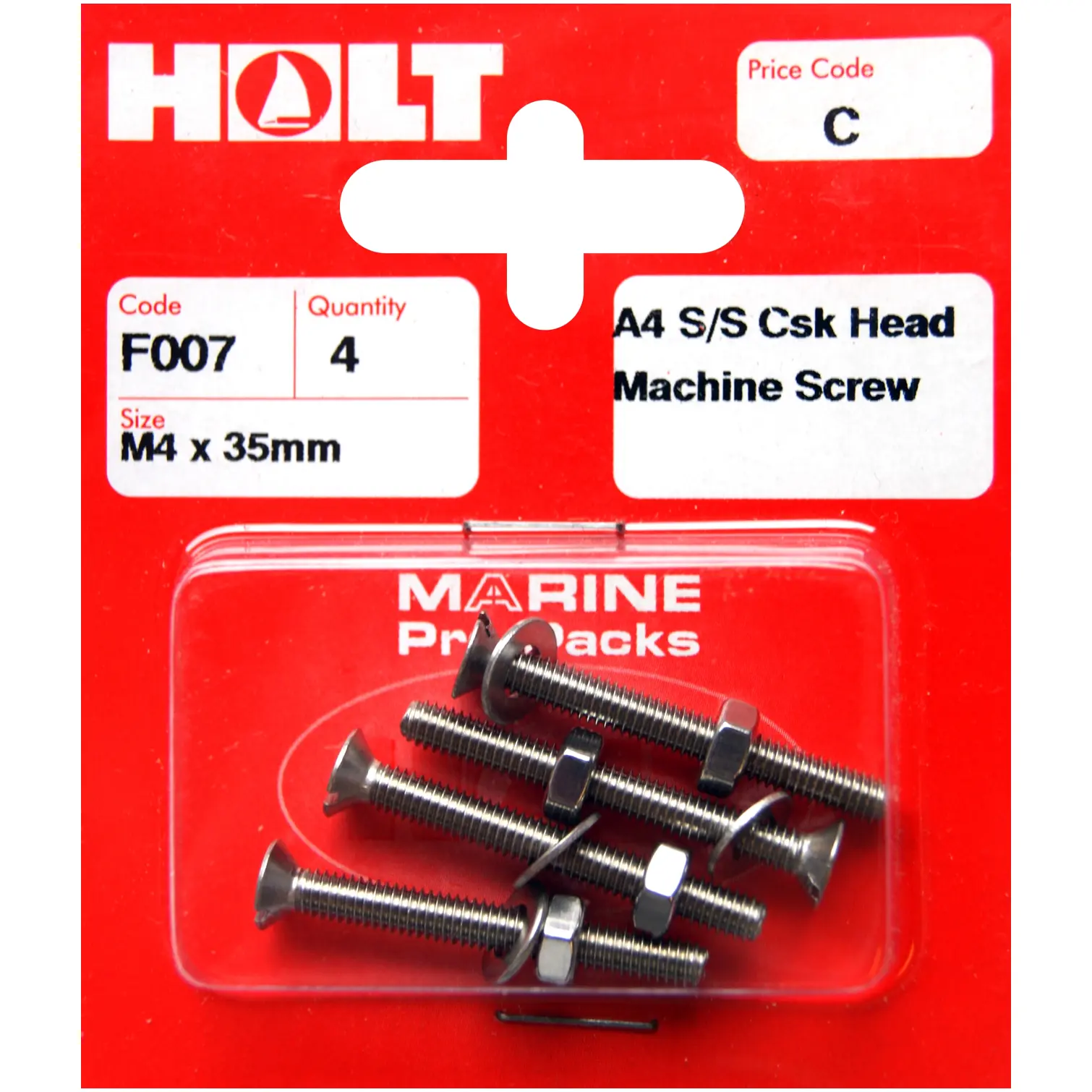 HOL0067 Holt S/Steel CSK Head M/Screw M4 x 35mm Card of 4
