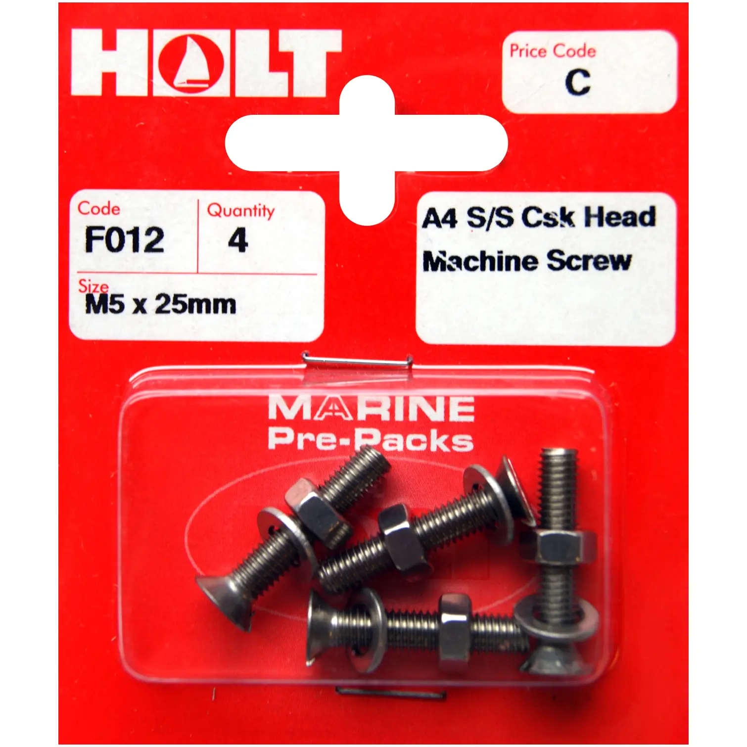 Holt S/Steel  CSK Head M/Screw M5 x 25mm Card of 4