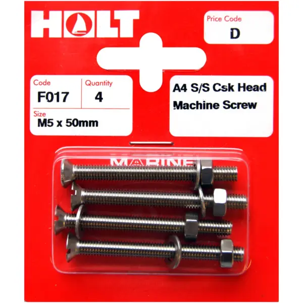 Holt S/Steel  CSK Head M/Screw M5 x 50mm Card of 4