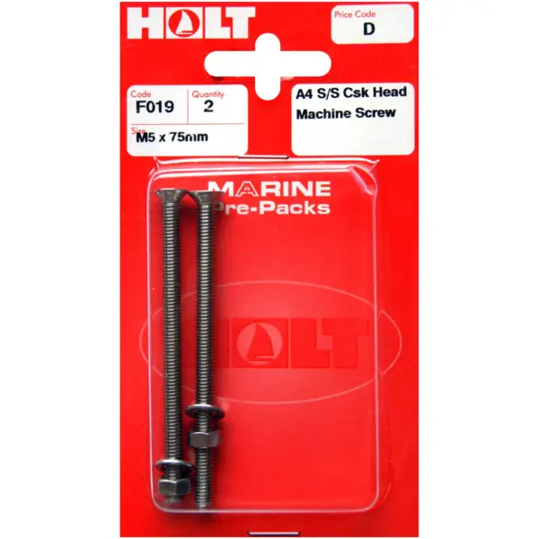 Holt S/Steel  CSK Head M/Screw M5 x 75mm Card of 2