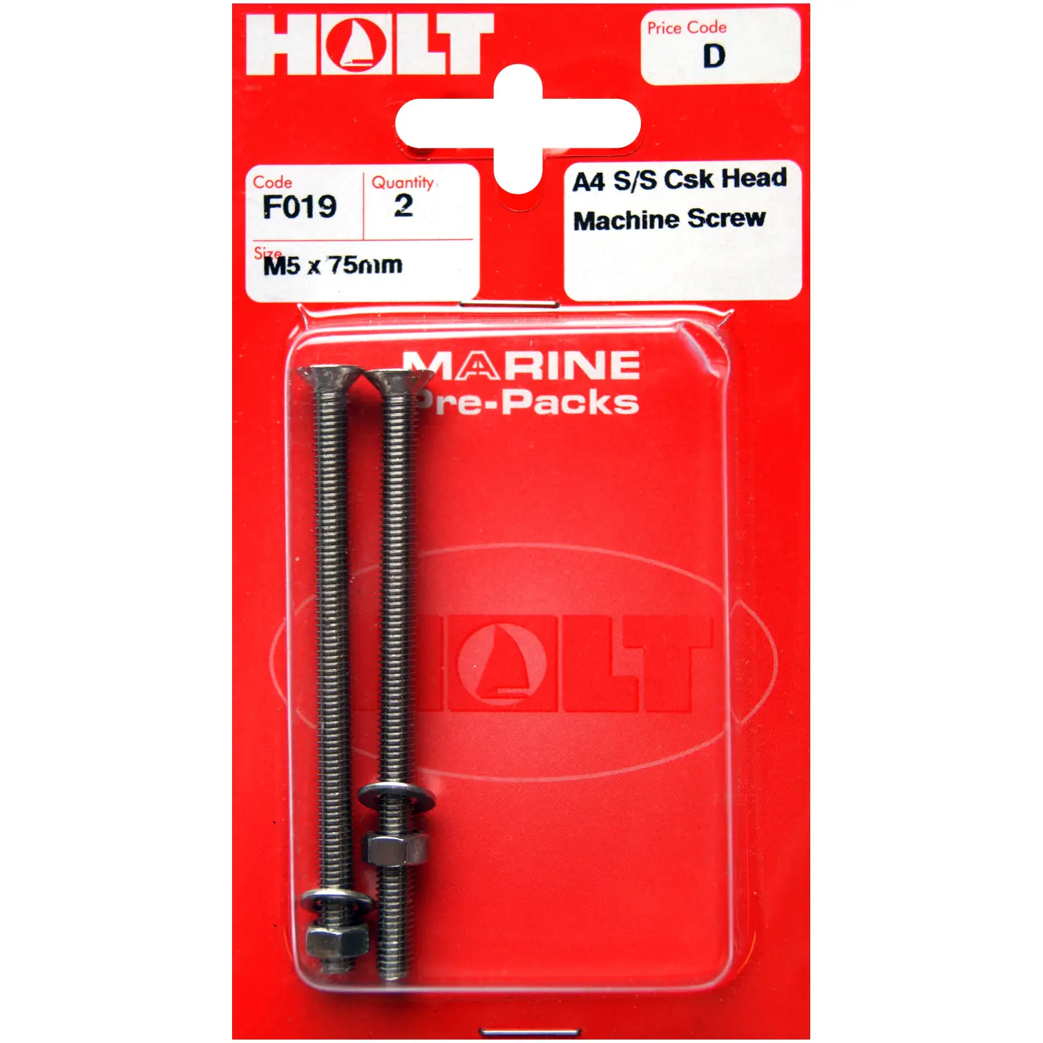 HOL0078 Holt S/Steel CSK Head M/Screw M5 x 75mm Card of 2