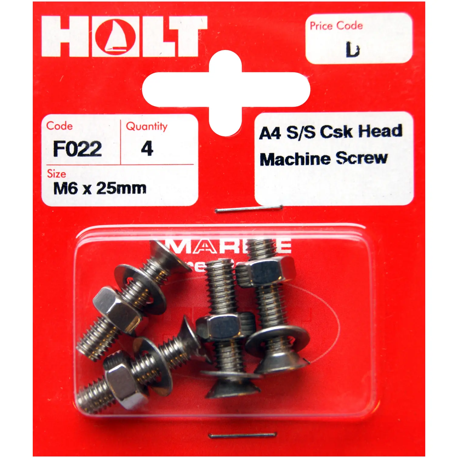 HOL0080 Holt S/Steel CSK Head M/Screw M6 x 25mm Card of 4