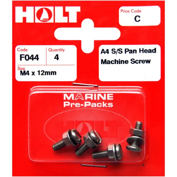 HOL0099 Holt S/Steel Pan Head M/Screw M4 x 12mm Card of 4