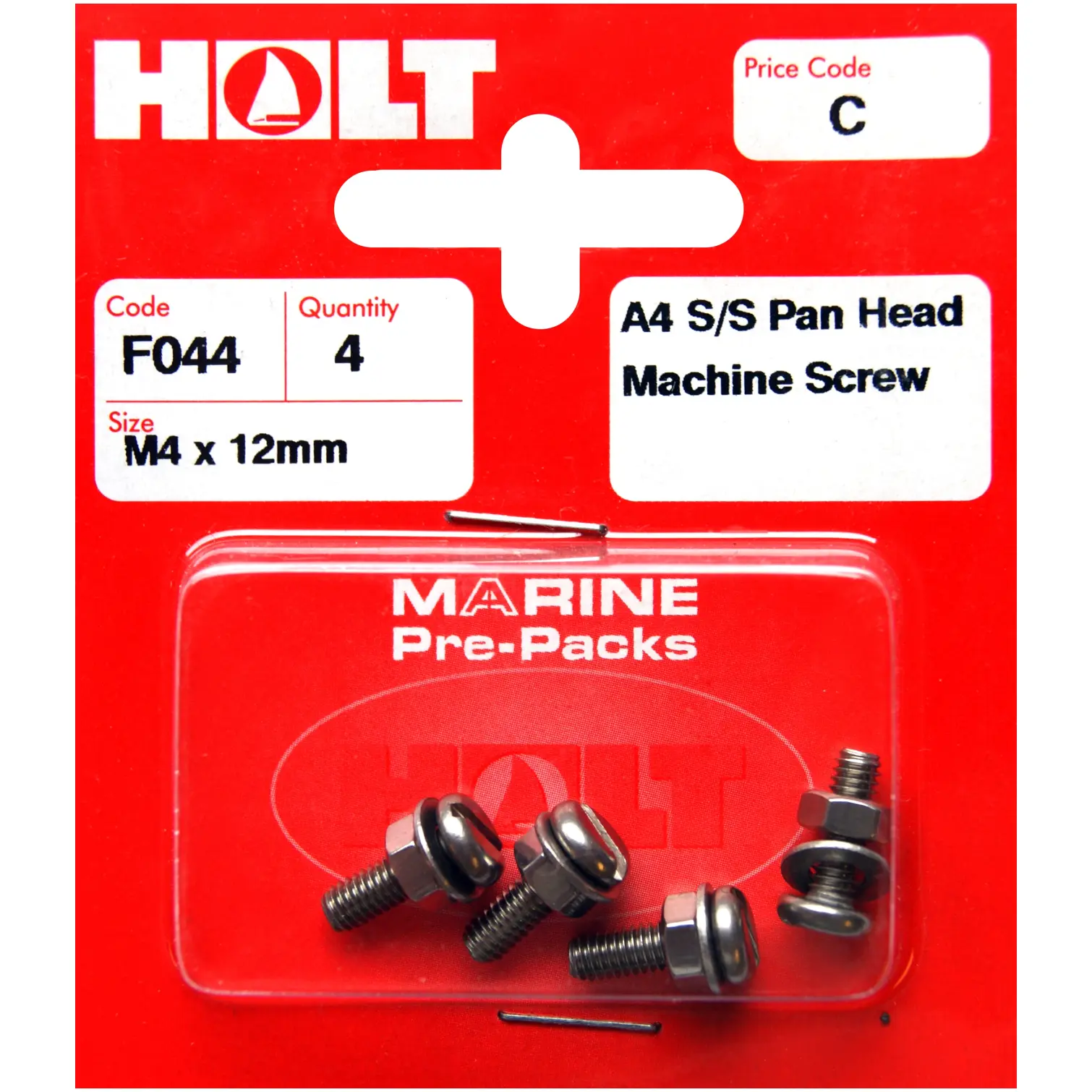 HOL0099 Holt S/Steel Pan Head M/Screw M4 x 12mm Card of 4