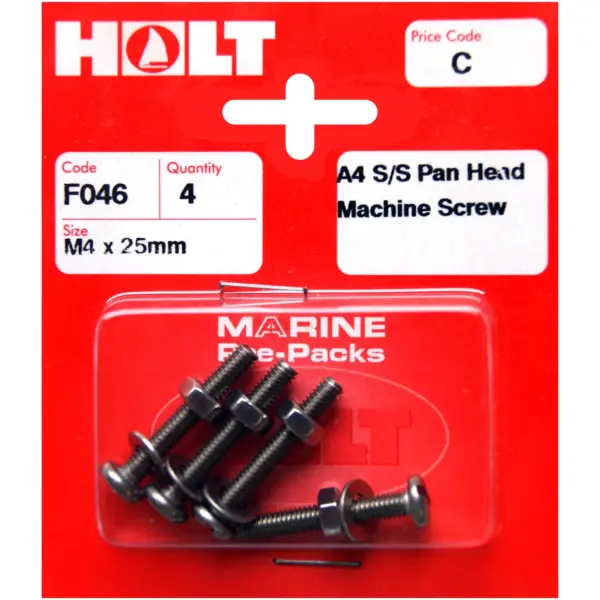 Holt S/Steel  Pan Head M/Screw M4 x 25mm Card of 4