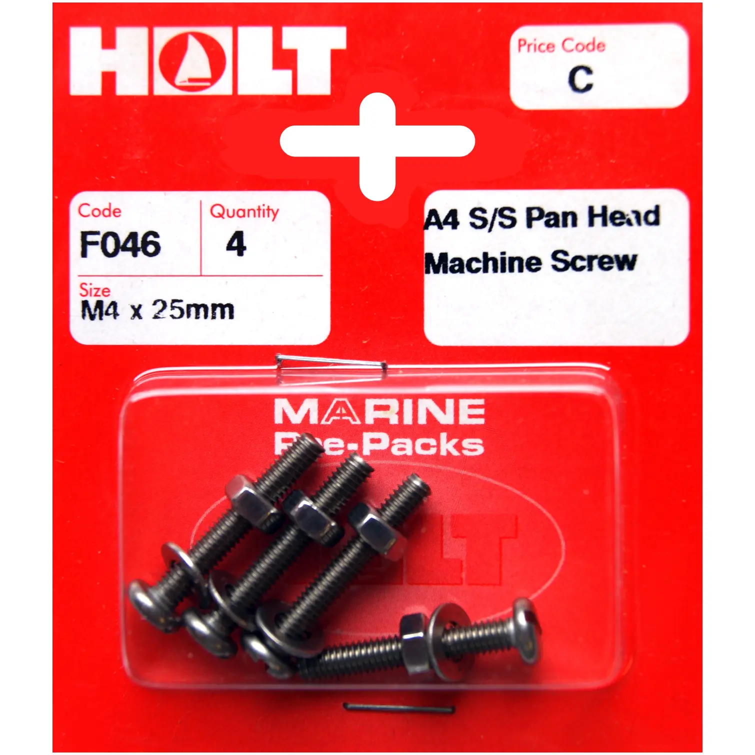Holt S/Steel  Pan Head M/Screw M4 x 25mm Card of 4