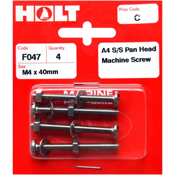 Holt S/Steel  Pan Head M/Screw M4 x 40mm Card of 4