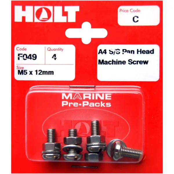 Holt S/Steel  Pan Head M/Screw M5 x 12mm Card of 4