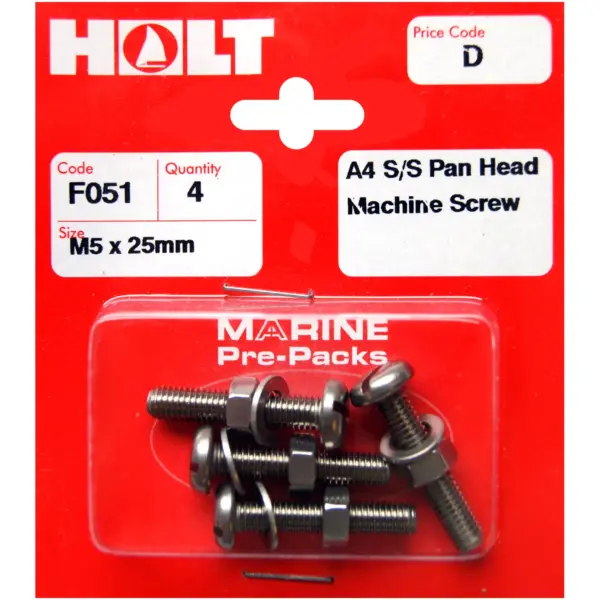 HOL0105 Holt S/Steel Pan Head M/Screw M5 x 25mm Card of 4