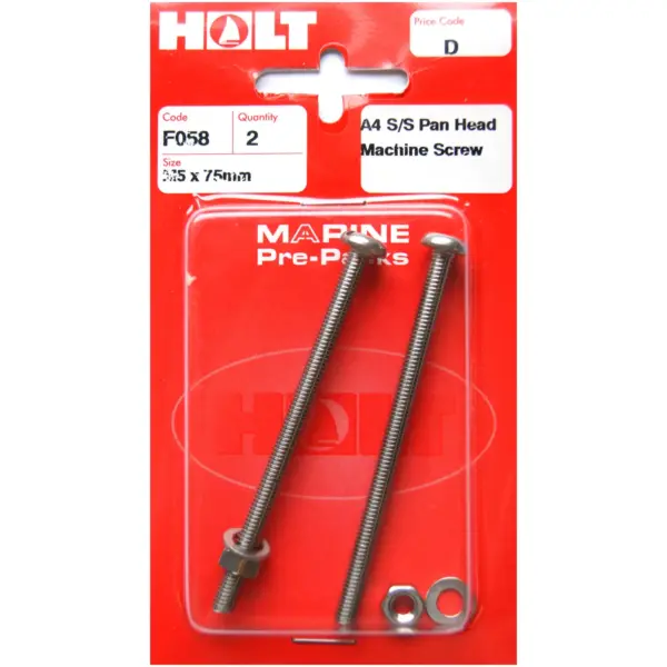 HOL0112 Holt S/Steel Pan Head M/Screw M5 x 75mm Card of 2