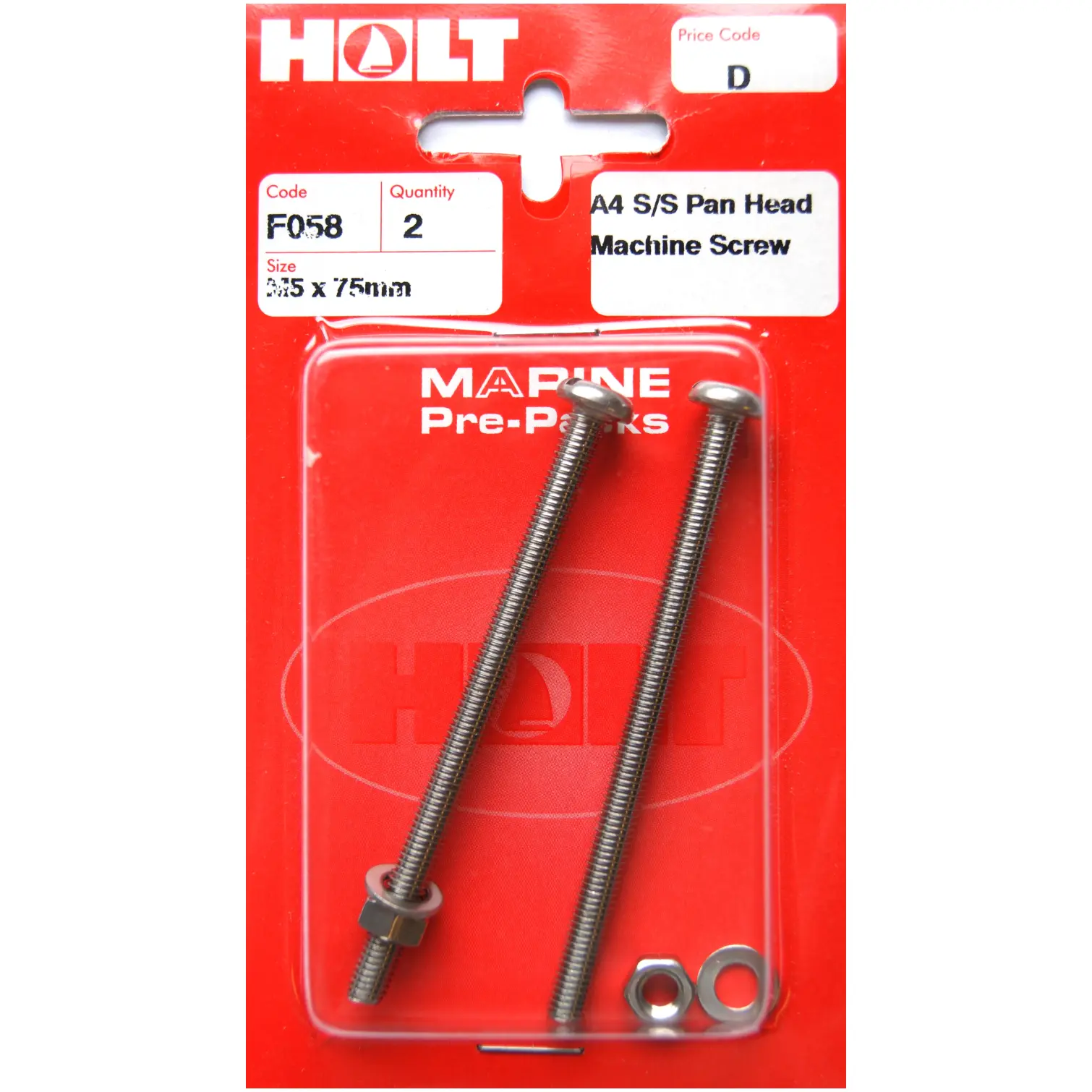 HOL0112 Holt S/Steel Pan Head M/Screw M5 x 75mm Card of 2