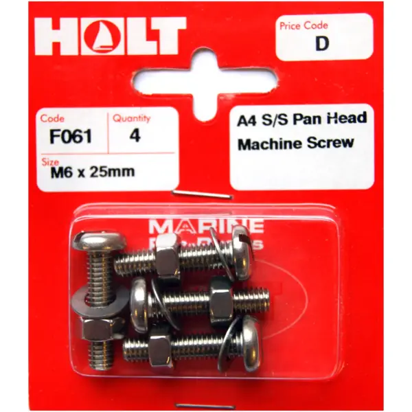 HOL0114 Holt S/Steel Pan Head M/Screw M6 x 25mm Card of 4