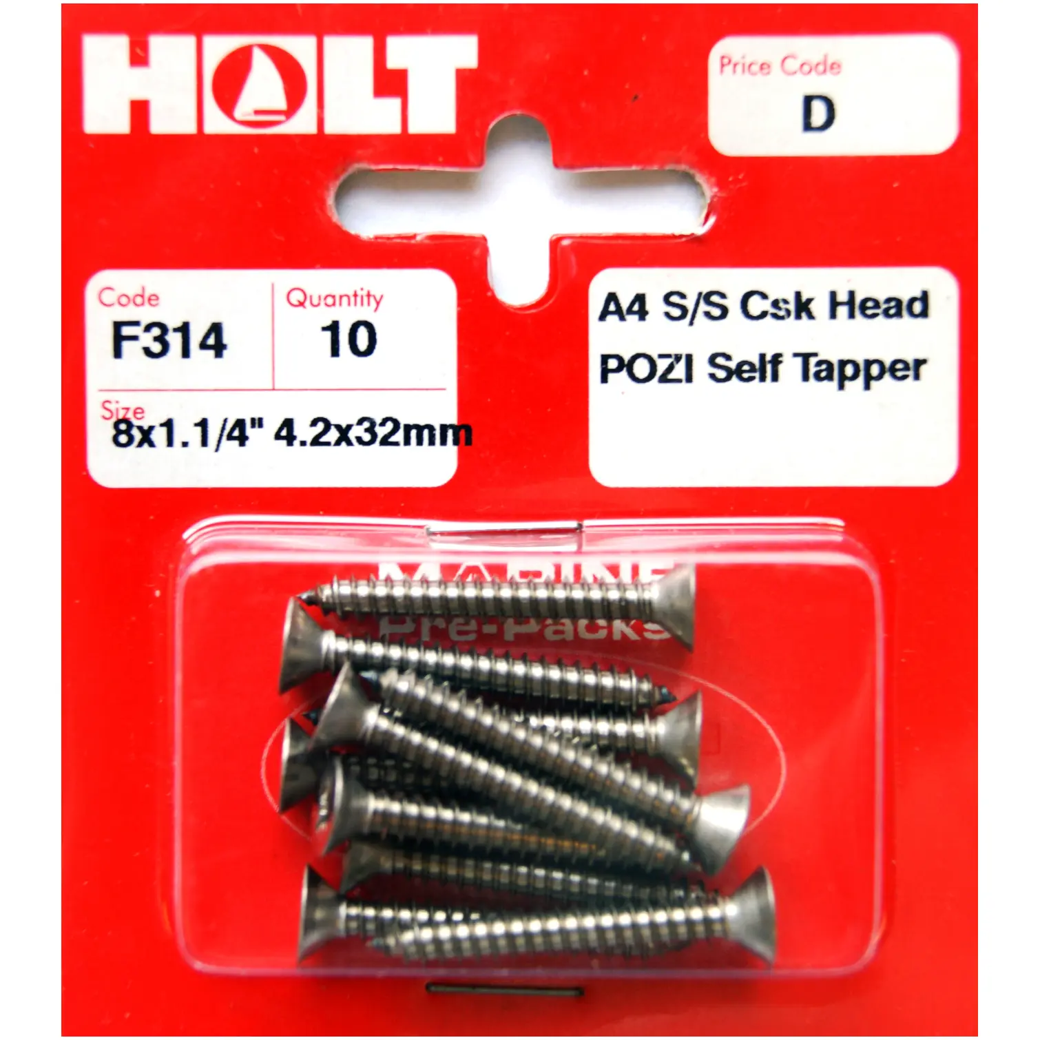 Holt S/Steel CSK  Pozi Selftaper 4.2 x 32mm Card of 10