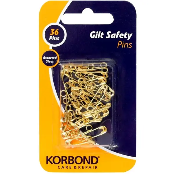 Korbond Gilt Safety Pins Assorted Sizes 36 Pins