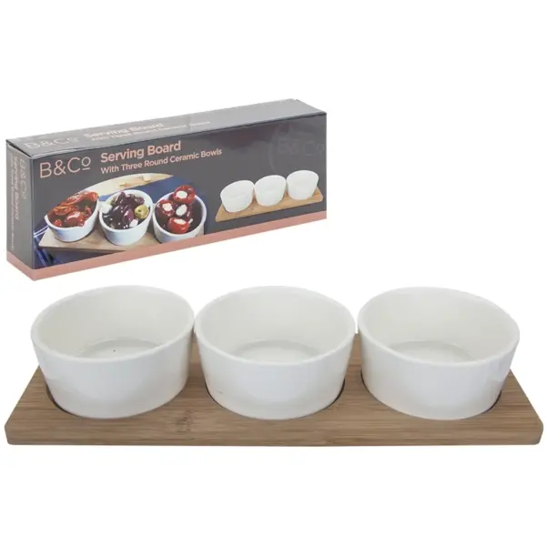 PMS0126 B&Co Serving Board with 3 Round Ceramic Bowls