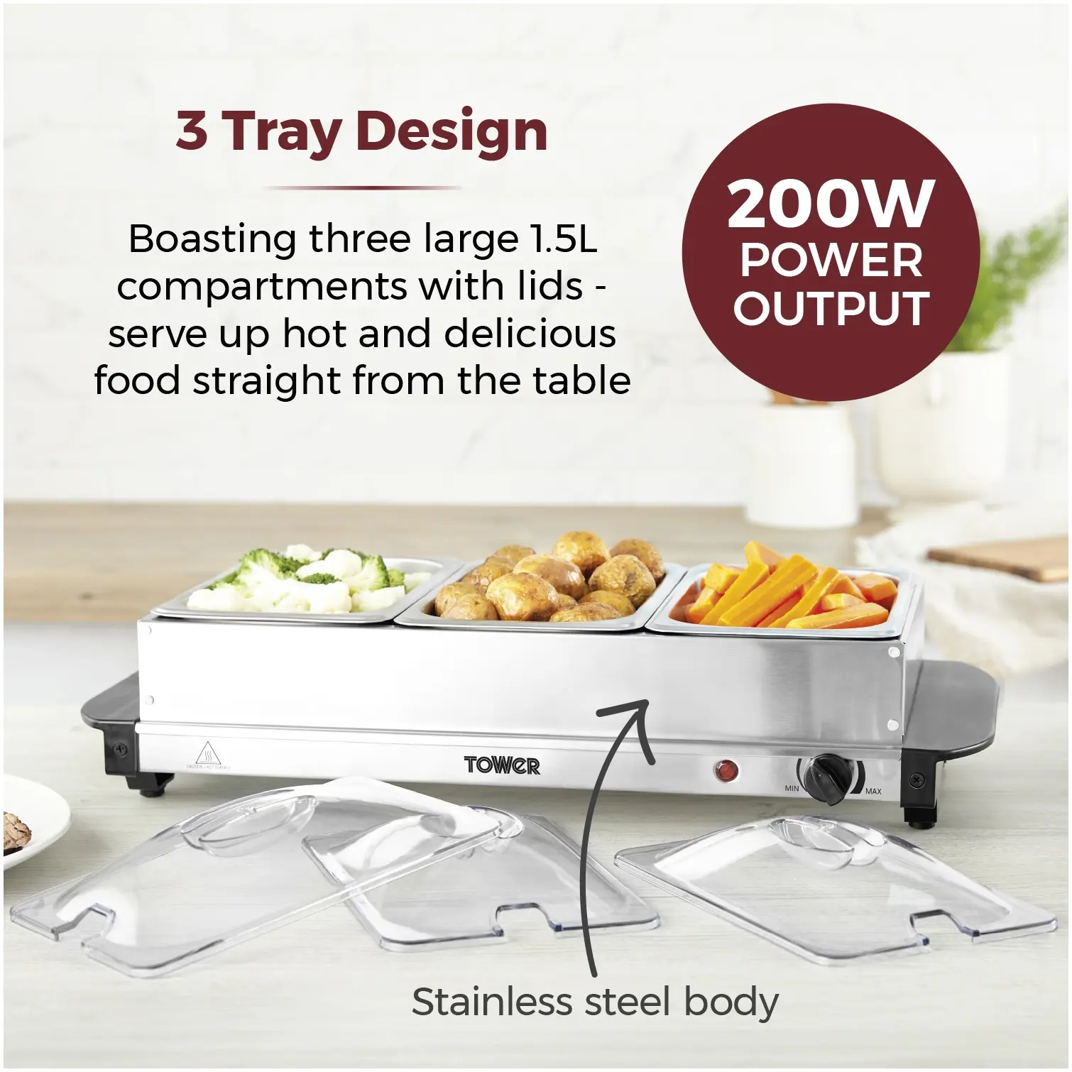 Tower 3 Tray Buffet Server & Plate Warmer