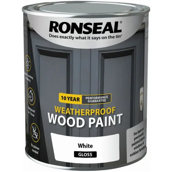 RNS0931 Ronseal 10Y Weatherproof Wood Paint White Gloss 750ml