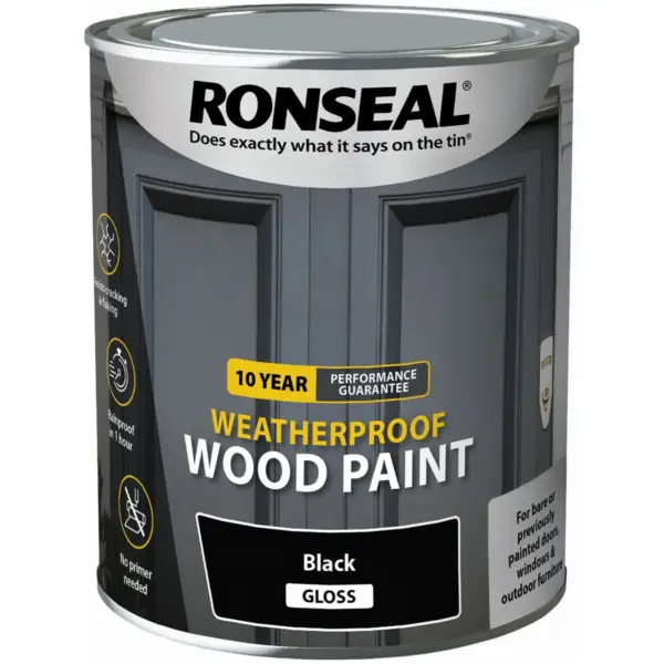 RNS0936 Ronseal 10Y Weatherproof Wood Paint Black Gloss 750ml