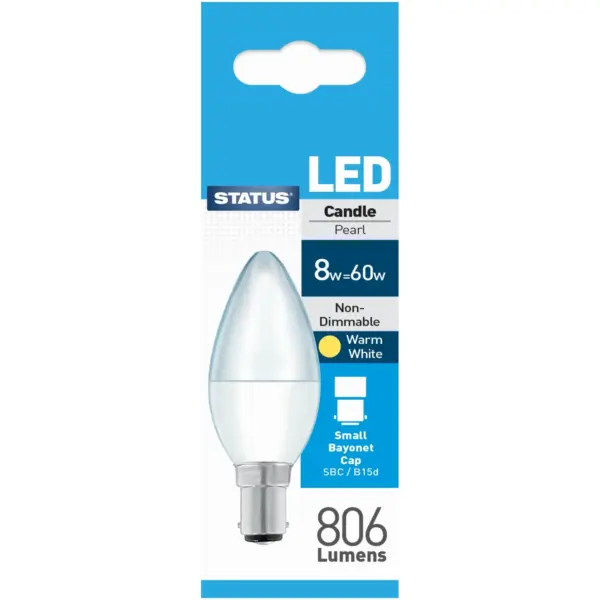Candle LED SBC Warm White Bulb 8w=60w