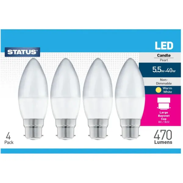 Candle LED BC Warm White Bulb 5w=40w Pack of 4