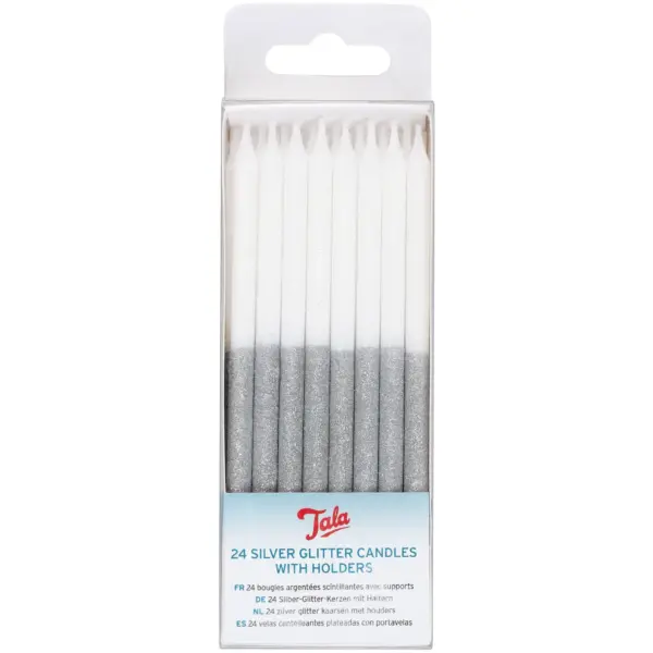 TLA0238 Tala Silver Glitter Candles & Holders 24 Pack