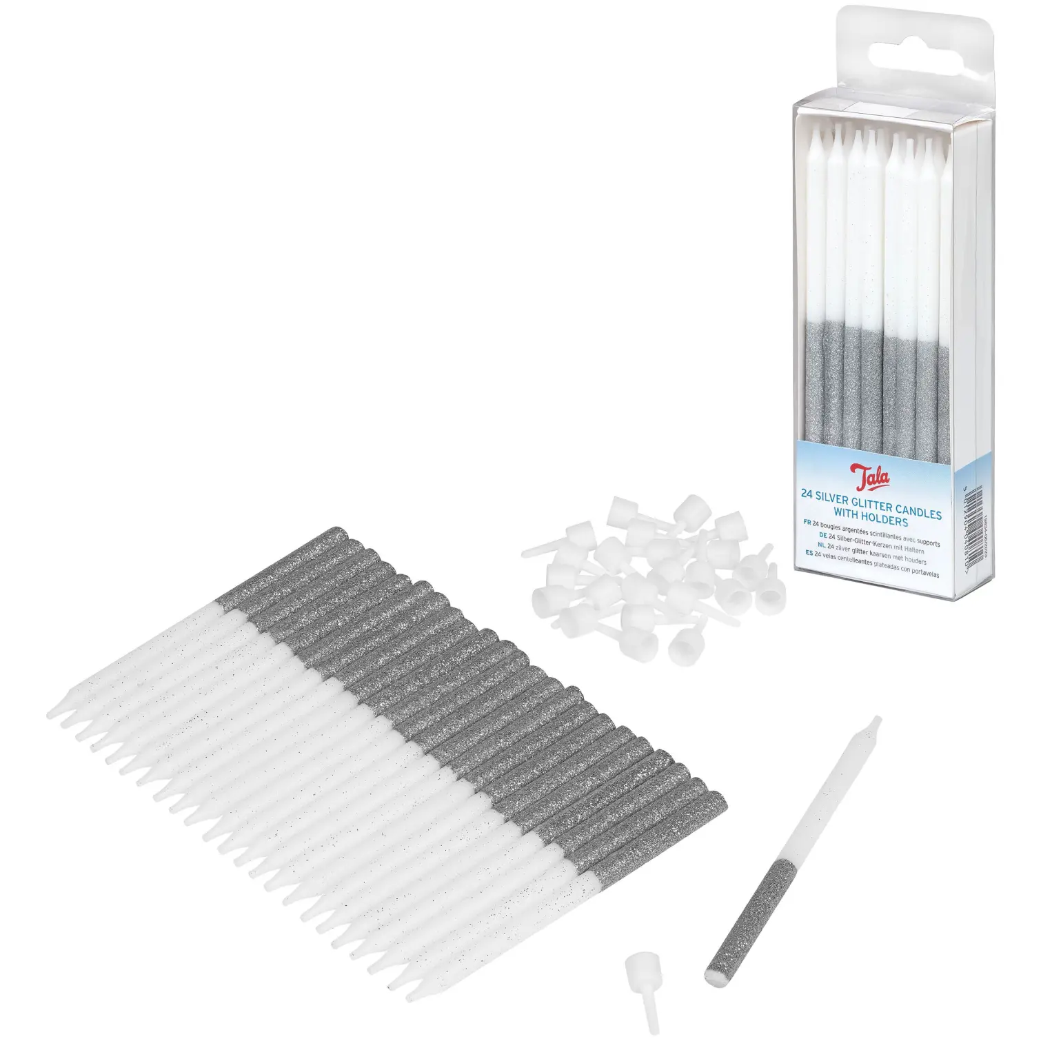 Tala Silver Glitter Candles & Holders 24 Pack