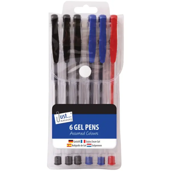 Just Stationery 6 Gel Pens Black Blue Red