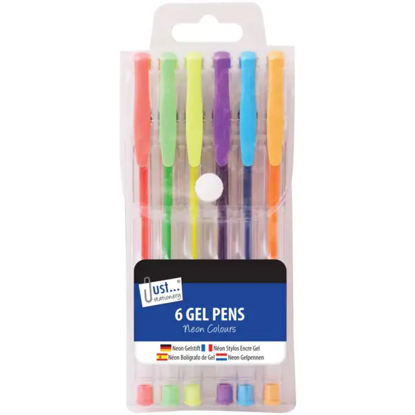 Just Stationery  6 Neon Gel Pens Assorted