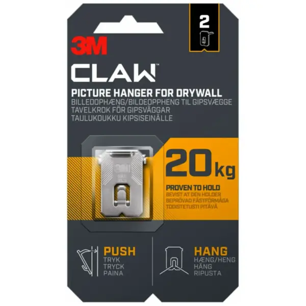 3M Claw Picture Hanger For Drywall Holds 20kg Card Of 2