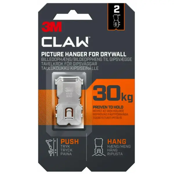 3M Claw Picture Hanger For Drywall Holds 30kg Card Of 2