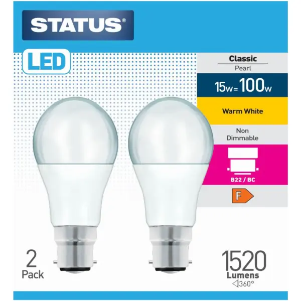 STT0424 Status 15/100w GLS Warm White BC pk2