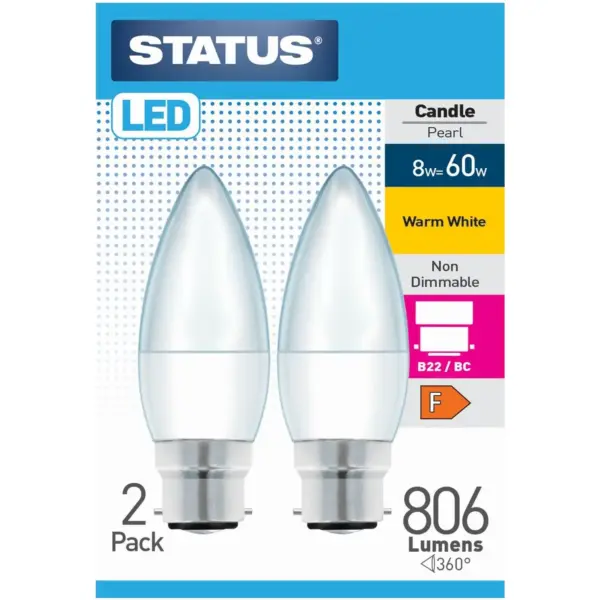 STT0572 Status 8/60w Candle W/White BC pk2