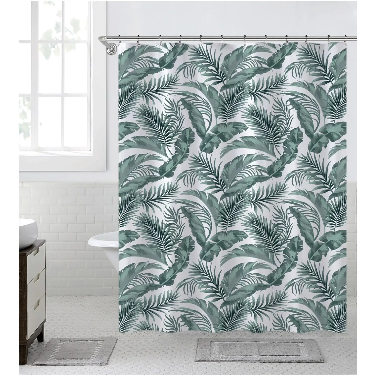 HWD0417 Highlands Homeware Leaf Design Polyester Shower Curtain 178cm x 183cm