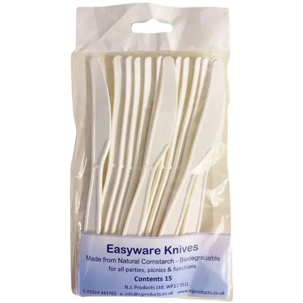 NJP0045 Easyware Biodegradable White Cutlery Knifes 15 Pack